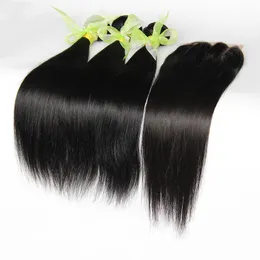 9A Lace Closure z 3 pakietami Brazylijska peruwiańska malezyjska dziewicza indyjska dziewicza proste ludzkie włosy Weves 100% nieprzetworzone przedłużanie włosów Remy