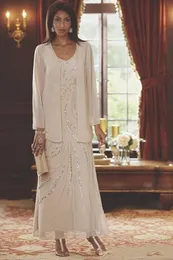 Nuovo abito da sposo per la madre della sposa in chiffon alla caviglia con giacca a maniche lunghe A Line con scollo a V bordato in taglie forti 248