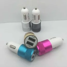 Dual Mental Car Charger Färgglada adapter USB-bilplugg 5V / 2A 2 portar Unifor iPhone 6s Dual Mversal Car Plug 5 färger ym0065