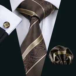 Коричневая полоса шейная галстука набор карманные квадратные запонки жаккардовые сплетни