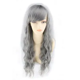 Woodfestival mormor grå peruk lång syntetisk fiber kinky lockiga peruker bangs naturlig hårvågig 70cm 28 tum