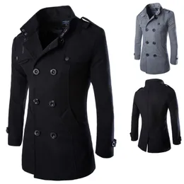 Fall-New Höst 2016 Mens Woolen Coat Double-breasted Stand Collar Overroats för Men Fashion Casual Grey Trench Coats 2 Färger