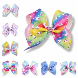 20pcs girl Newest 5" Unicorn hair bows clips character striation ombre bowknot hairpins with Rhinestone in center hair Accessories HD3511