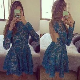 Sexy Open Back Blue Lace Short Cocktail Prom Dresses 2019 Evening Party Dresses For Homecoming Graduation robe de soiree Long Sleeve Cheap