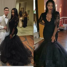 2018 New Arabic Mermaid Evening Dresses 2k17 Sexy V neck Lace Sheer Long Sleeves Appliques Black Girls Ruffles Prom Party Gowns Custom Made