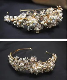 Gold Vintage Bridal Jewelry z 2015 r. Imitacja Pearl Hair Akcesoria kryształowe opaski do włosów opaski ślubne korony tiara ślub 290p