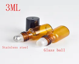 500pcs/lot Fast Shipping 3ml Amber Glass Roll On Essential Oil Empty Perfume Bottle Stainless Steel Roller Ball & glass ball