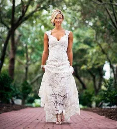Chic Rustic Full Lace Wedding Dresses Cheap V Neck Open Back Sweep Train Boho Garden Bridal Gown Custom Made Country Style New283H