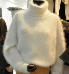 冬の厚い暖かいミンクカシミアセーター女性特大のタートルネックニットセーターとプルオーバーゆるい白いファジーコートのソリッドカラーロゴなし