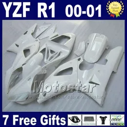 Alla Vit Fairings för Yamaha YZF R1 00 01 Fairing Kits 2000 2001 YZFR1 YZF1000 W16F Högkvalitativa plastdelar + 7 gåvor
