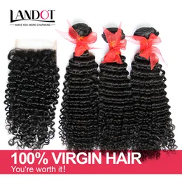 Cabelo Virgem Encaracolado Kinky brasileiro Com Fechamento Grau 7A Não Transformados Profunda Encaracolado Cabelo Humano Weave 3 Pacotes E 1 Pcs Top Lace Closures Tamanho 4x4