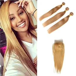 Brazilian Siky Straight Hair Bundles Pure 27# Honey Blonde Color Deal With Mixed Length 100% Human Hair Extensions