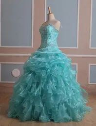 2020 New Stock Ball Gown Organza Med Pärlor Quinceanera Klänningar Klänningar Vestidos DE 15 Anos Party Gowns Stock Storlek: 2-16