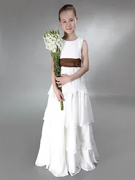 Princess A-line Jewel Tiers Floor-length With Sash Chiffon Junior Bridesmaid Dress For Wedding Party