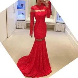 Elegant Arabic Evening Dresses Jewel Neck Long Sleeve Red Lace Mermaid Evening Gown Prom Party Dress with Sweep Train Sheer Cut Out Design