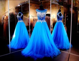 2020 Backless Evening Dresses with Cap Sleeves Illusion Neckline Keyhole A-Line Ball Gowns Blue Prom Dresses with Crystals Pageant Dress