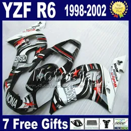 7 Ücretsiz hediyeler + YAMAHA YZF600 için Plastik kaporta kiti 98-02 YZFR6 YZF-R6 1998 1999 2000 2001 2002 beyaz siyah NONA kaportalar VB90 set