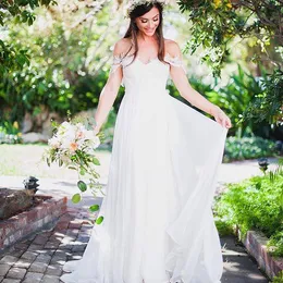 Bohemian A Line Wedding Dresses Off Shoulder Lace Appliques Chiffon Summer Long Floor Length Plus Size Boho Cheap Bridal Gowns