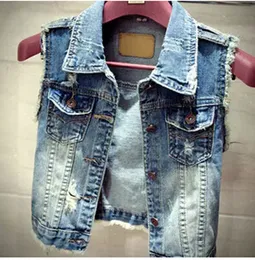 Partihandel-2015 Nyaste mode Jean Vest Kvinnor Vintage Single Breasted Hole Short Jacket Outwear Ärmlös Denim Coat Tops Plus Storlek