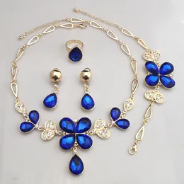 Set di gioielli in cristallo blu di lusso riempito in oro giallo 18 carati Set di gioielli pendenti a forma di goccia d'acqua Set di decorazioni per banchetti per feste da donna 717