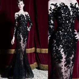 Ny Försäljning Illusion Långärmade Kväll Klänningar Svart Sheer Lace Sheat Long Prom Party Gowns Golvlängd Dubai Arabiska Tillfälle Klänningar