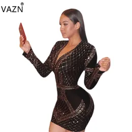 VAZN 2018 Wysokiej Jakości Slim Moda Moda Bandage Sukienka Pełna Rękaw Mini Dress V-Neck Sexy Bodycon Dress CM120 Q1118