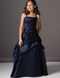 Przyciągający wzrok Navy Blue Satin Spaghetti Bez Rękawów Długość podłogi Wzburzyć Zipper Ball Suknia Satin Flower Girls 'Dresses Custom Made