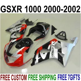 7 Gratis Gifts Fairings Set för Suzuki GSX-R1000 2000 2001 2002 Svart Röd Silver Fairing Kit K2 00 01 02 GSXR1000 YR64