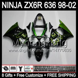 Green Flames 8gifts + Ciało dla Kawasaki ZX6R 98-02 ZX636 ZX 636 MY40 ZX-6R ZX 6R Black 98 99 00 01 02 1998 1999 2000 2001 2002 2002 Owalnia