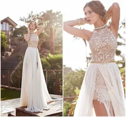 White Real Image Ivory Color Prom Dresses Halter Beaded Lace Top Backless Pleats Chiffon Beach with Split Evening Party Gown BO5557