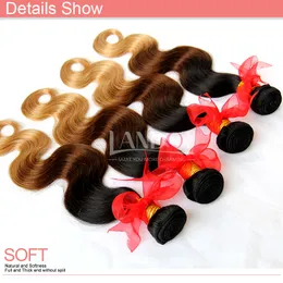 4pcs mycket 8-30 tum tre 3 ton ombre brasilianska kroppsvåg Mänskliga hårförlängningar väftfärg 1b-4-27 # Ombre Brasilianska Virgin Hair Weave Bundles
