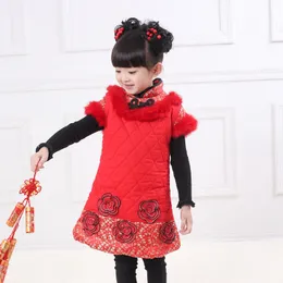 Chinese Stijl Winter Warme Rode Jurk Met Vacht Voor Babymeisjes