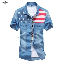 summer style Fashion Solid Short-sleeved Shirt Flag Male Casual fitness Camisa Jeans Masculina Turn-down Denim Shirt