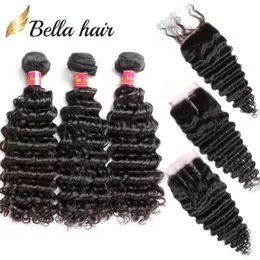 Bella Hair® 8A-Spitzenverschluss mit Haarbündeln, brasilianisches Webmuster, schwarze Farbe, tiefe Wellenverlängerungen für den ganzen Kopf