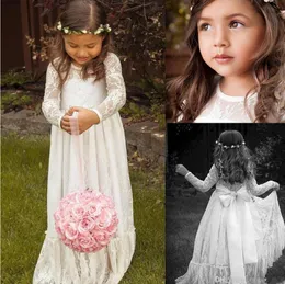 Sheer Lace Neck Flower Girl Dresses Long Sleeve Floor Length Ruffles Ivory Flowergirl Dresses Bow Sash Bohemian Wedding Gowns for Kids
