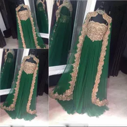 Dubai Caftan Vestidos de Noite 2018 Apliques Contas Verde Chiffon Vestidos de Baile Cape Style Alta Pescoço Saudita Árabe Vestido de Festa Formal Vestidos