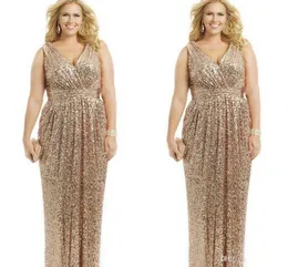 2016 Hot Tanie Druhna Dresses V Neck Gold Cekinowa Koronka Płaszcza Long Długość Plus Size Custom Made Formal Party Dress Suknie Prom Suknie