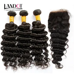 Onda profunda do cabelo virgem cambojano com fechamento 7A não transformados encaracolado tecer cabelo humano 3 pacotes e 1 peça top lace closures trama preto natural