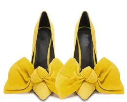 Big bowties mulheres doces bombas dedo apontado stilettto sapatos de salto alto borboleta de camurça senhoras saltos amarelo rosa branco vestido sapatos mulher