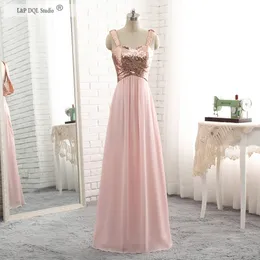 Cekinowe różowe sukienki Druhna Szyfonowa Długość podłogi Sweetheart Zipper Back Country Style Wedding Party Dress Suknie Gościnne Real Photos Tani