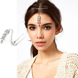 Brud hår pin manschett wrap silver kristall blad pendant panna kedjor indiska huvud smycken huvudband