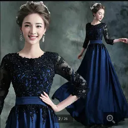Dark blue chiffon evening dresses lace appliques with scoop neckline sashes 34 sleeve modest formal prom party evening dress