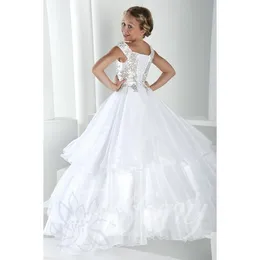 Tiered Tulle Crystal Long Girl's Pageant Dresses Cap Sleeves Lace Up Back Princess Flower Girls Dress Cheap Formal Party Gown345b