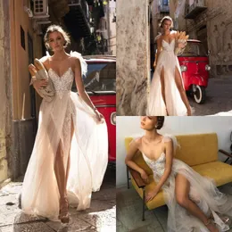 2018 Berta Suknie ślubne Spaghetti Koronki Tulle Aplikacja Sweep Pociągowa Side Split Sexy Beach Sukienka Bridal Backless Plus Size Boho Suknia Ślubna