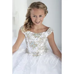 Tiered Tulle Crystal Long Girl's Pageant Dresses Cap ärmar Lace Up Back Princess Flower Girls Dress Billiga formella fest Gown2754