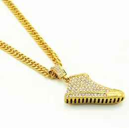 Mäns 18k Real Gold Plated Shoe Pendant Halsband, tät CZ med gratis kubansk kedja 32 "Fashion Hip Hop Jewelry