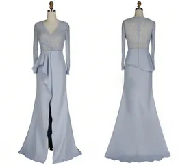 2021 Grey Hollow Back Mother of the Bride Groom Plus size Dresses With illusion Long Sleeves Hollow Back Beaded Long Splits Formal Evening