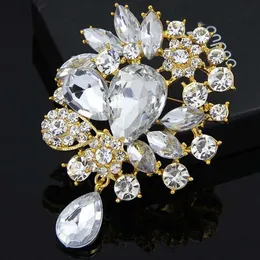 Preço barato Boa Qualidade Tom De Ouro De Luxo Enorme Gota De Água De Vidro Broche Pendente Elegante Bouquet De Casamento Pinos De Jóias Presente Da Moda Broche