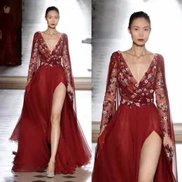 Dark Red Split Side Evening Dresses With Cape V Neck Appliqued Long Sleeves Beaded Prom Gowns Vestidos Festa Chiffon Appliqued Formal Dress