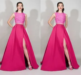 Zuhair Murad 2016 Fuchsia Lace And Satin Two Pieces Evening Dresses Sexy Split Side With Sequin Prom Gowns Custom Made China EN121410